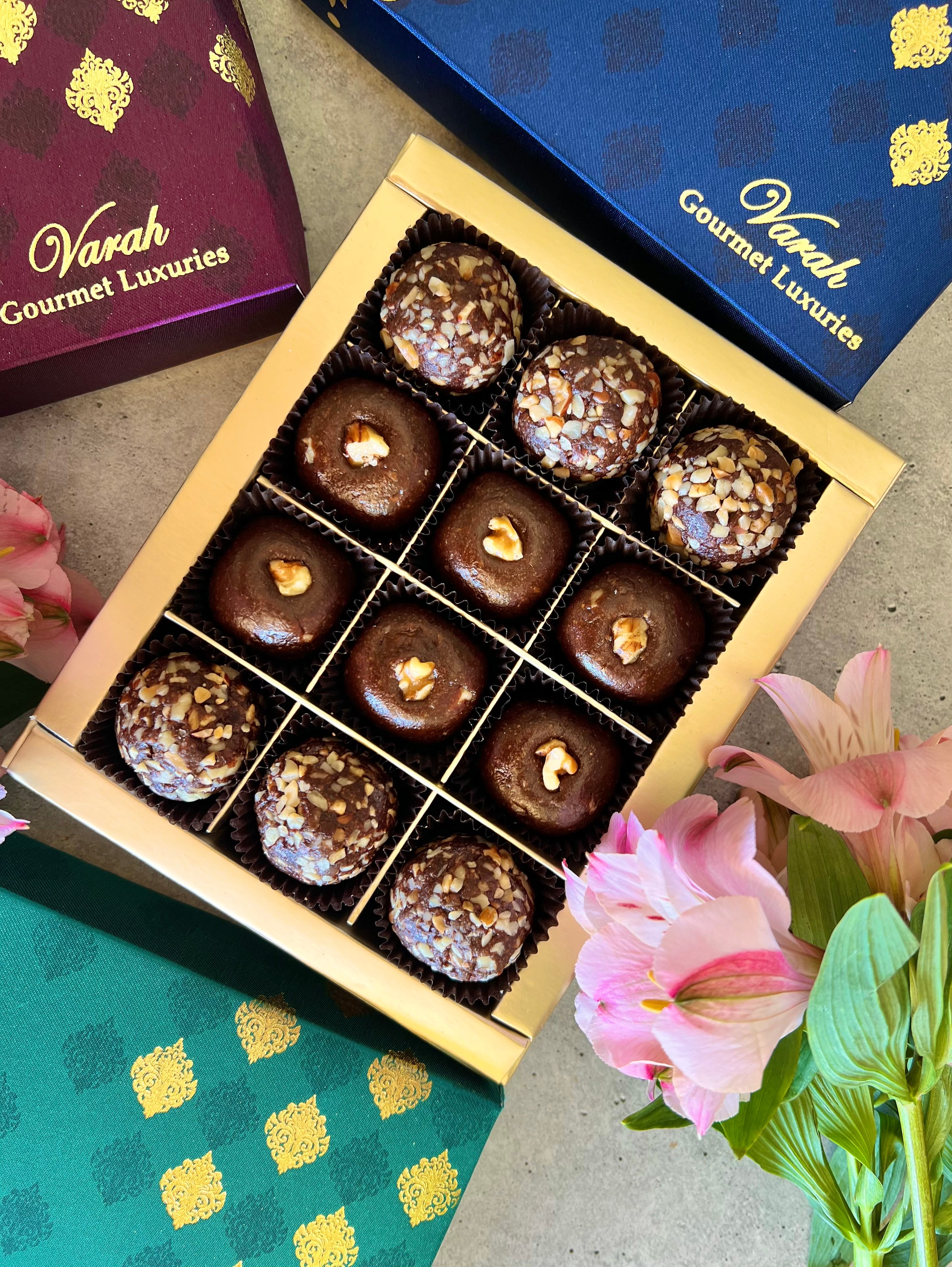 Varah Choco Loco Fudge Bites in a gold foiled gift box