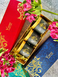 Gold-foiled customizable gift box with three jars filled with your choice of available sweet, savory, tea, or mukhwaas fillings.