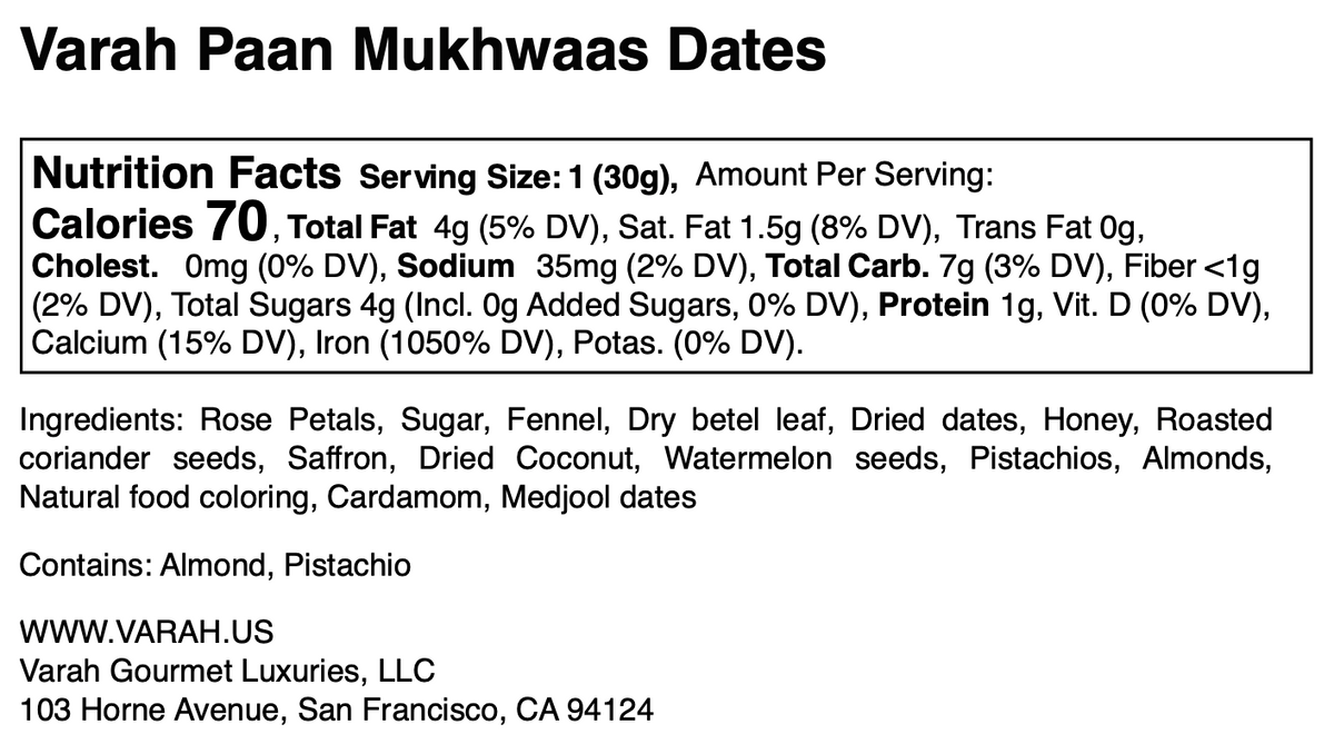 Paan Mukhwaas Dates nutrition facts and ingredients