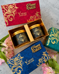 Gold-foiled customizable gift box with two jars filled with your choice of available sweet, savory, tea, or mukhwaas fillings.